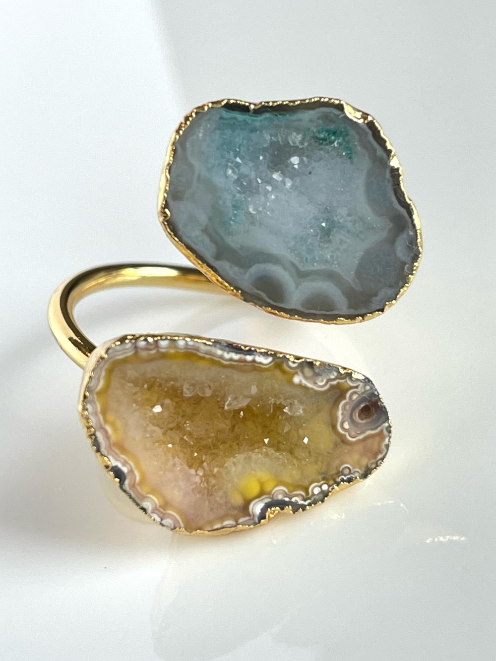 18K Gold Plated Yellow & Blue Agate Druzy Wrap Ring - Picture 2 of 10